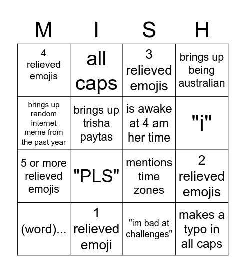 Mishy Bingo Card