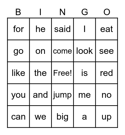 Kindergarten BINGO Card