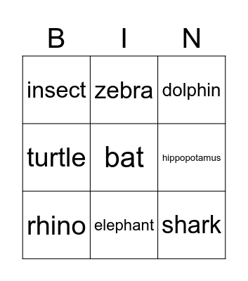 Zoo animals Bingo Card