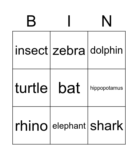 Zoo animals Bingo Card