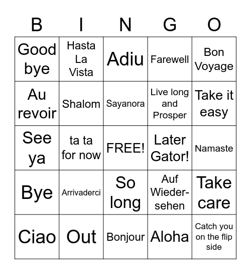 Goodbye Bingo Card