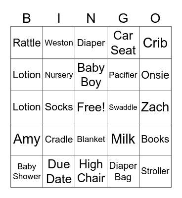 Baby Shower Bingo Card