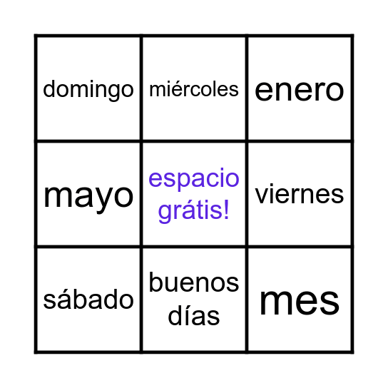 months and days of the week - español Bingo Card