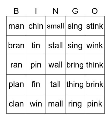Word Family BINGO Card