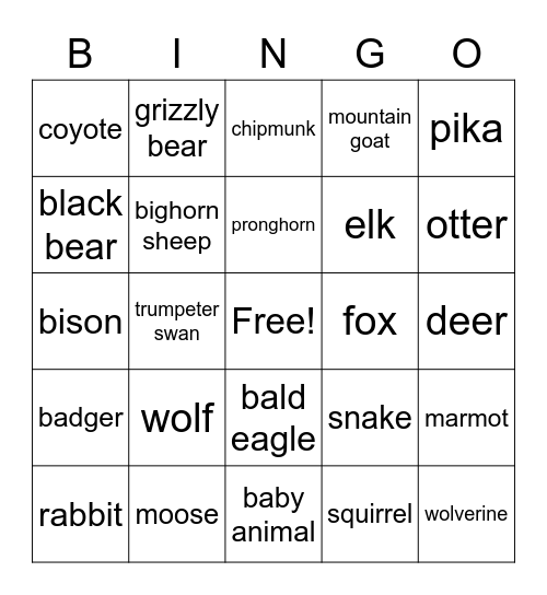 Yellowstone Animals Bingo Card