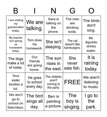 Present Simple and Progressive Bingo Card