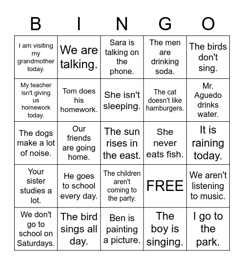 Present Simple and Progressive Bingo Card