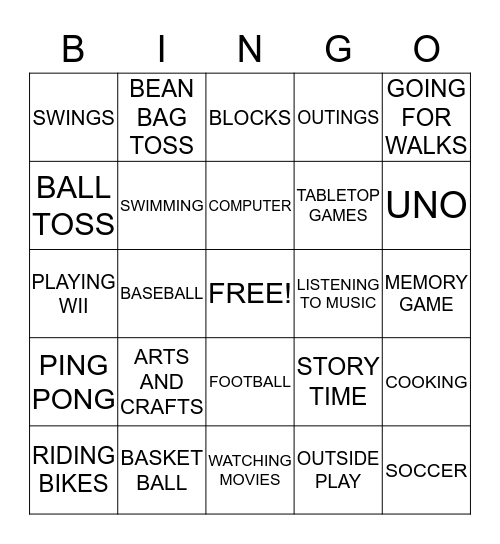 RECREATION BINGO Card