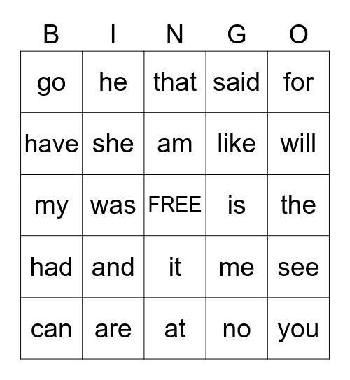 Kindergarten Sight Words Bingo Card