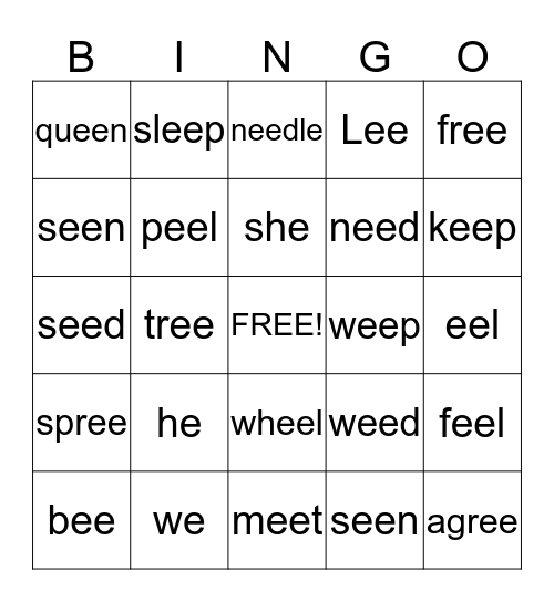 Long e (e/ee) Bingo Card