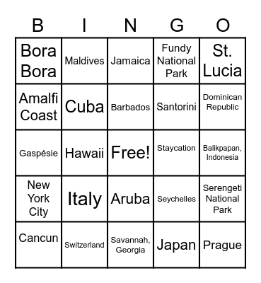 Favourite Vacation Destination Bingo Card