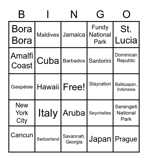Favourite Vacation Destination Bingo Card