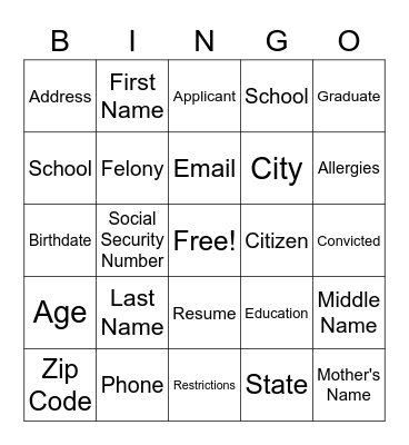 Personal Identity Bingo Card