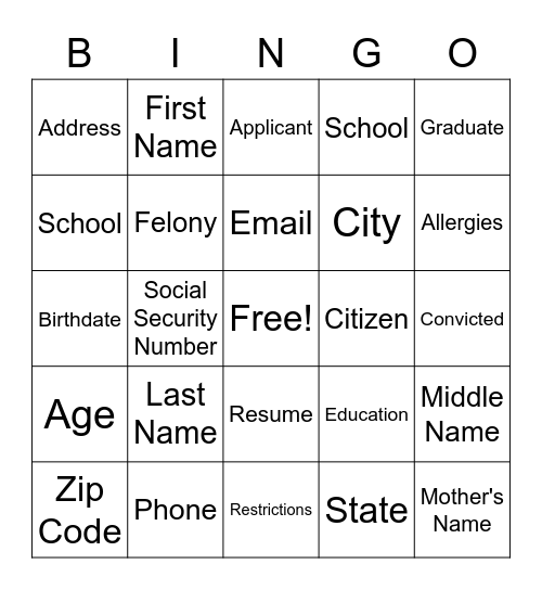 Personal Identity Bingo Card