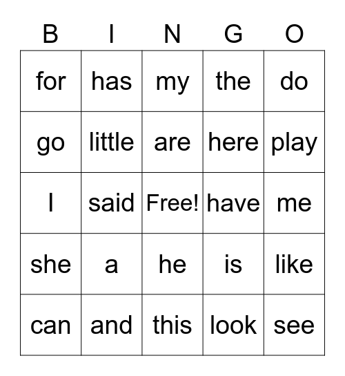 Sight Words Bingo Card
