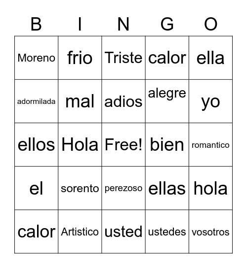 Spanish Bingo Card