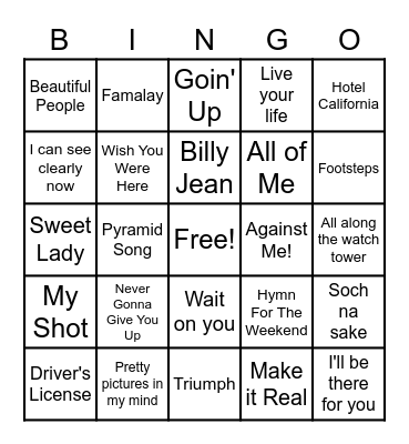 Favourite Song Bingo Card