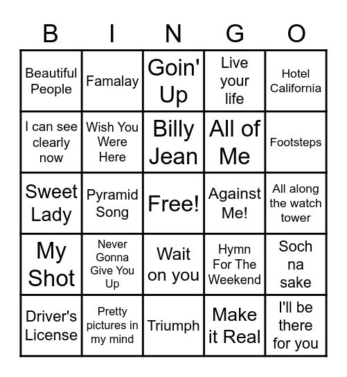 Favourite Song Bingo Card
