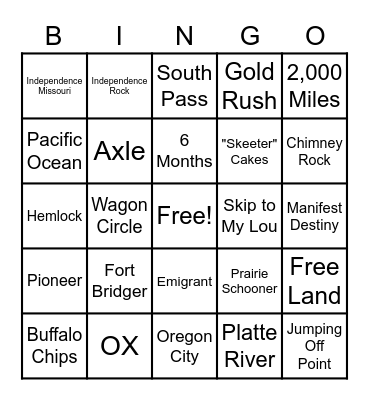 Oregon Trail Bingo Card