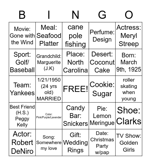 Mamaws Favorite Things Bingo Card
