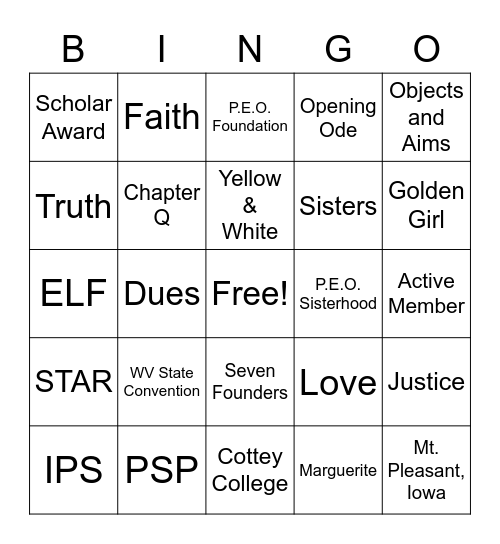 P.E.O. BINGO Card