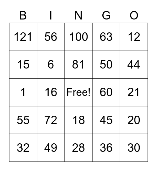 Multiplication Facts 1-12 Bingo Card