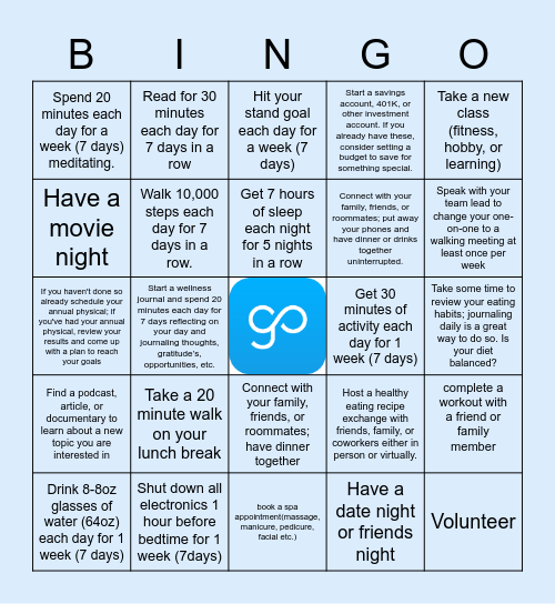 Employee Wellness Bingo Card