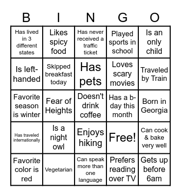 Getting To Know Ya! Bingo Card