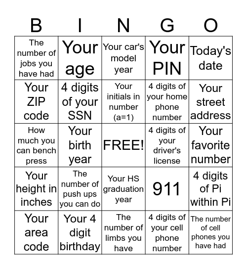 Pi Bingo Card