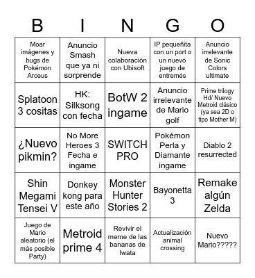 E3 Nintendo Bingo Card