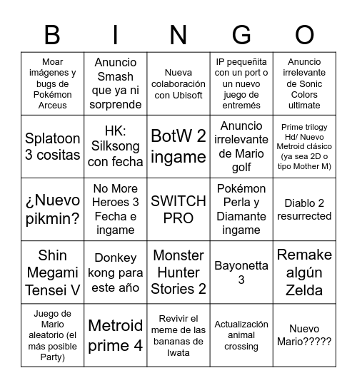 E3 Nintendo Bingo Card