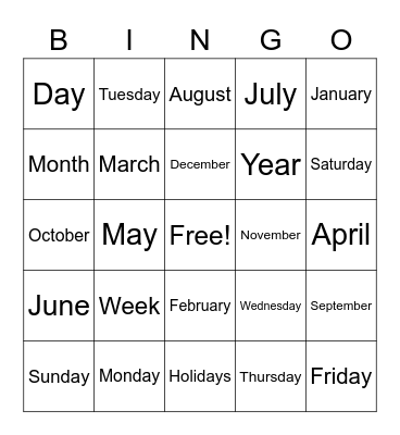 Calendar Bingo Card