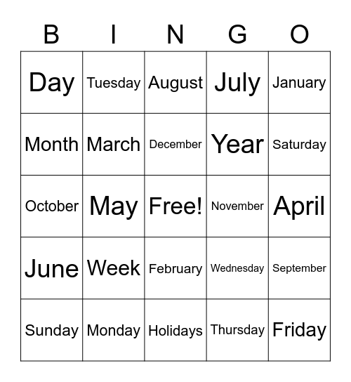 Calendar Bingo Card