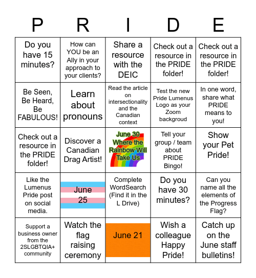 Lumenus Pride Bingo Card