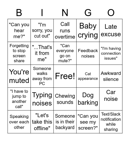 Remote Work Bingo Card
