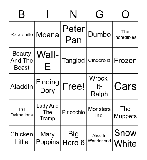 Disney Movies Bingo Card