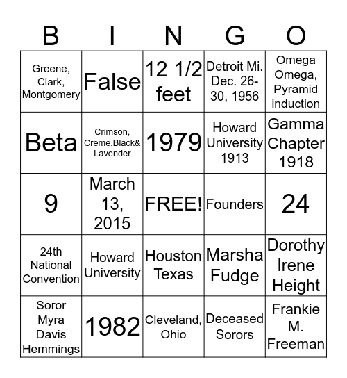 Delta Sigma Theta Organization Bingo Card