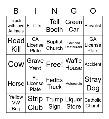 Road Trip Bingo! Bingo Card