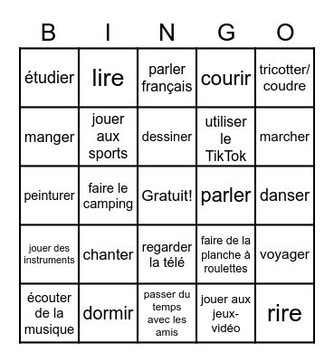 vocabulaire: Qu'est-ce que tu aimes? Bingo Card