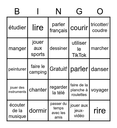 vocabulaire: Qu'est-ce que tu aimes? Bingo Card