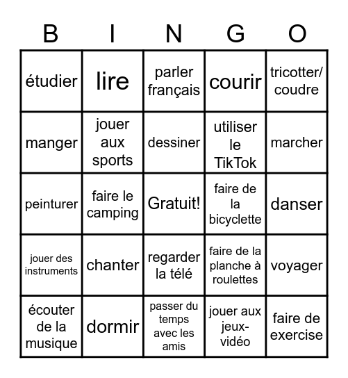 vocabulaire: Qu'est-ce que tu aimes? Bingo Card