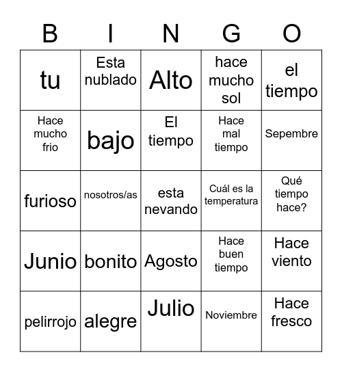 Spanish Bingo Card