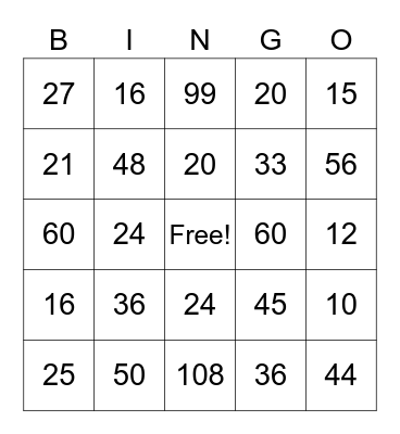 Multiplication Bingo Card