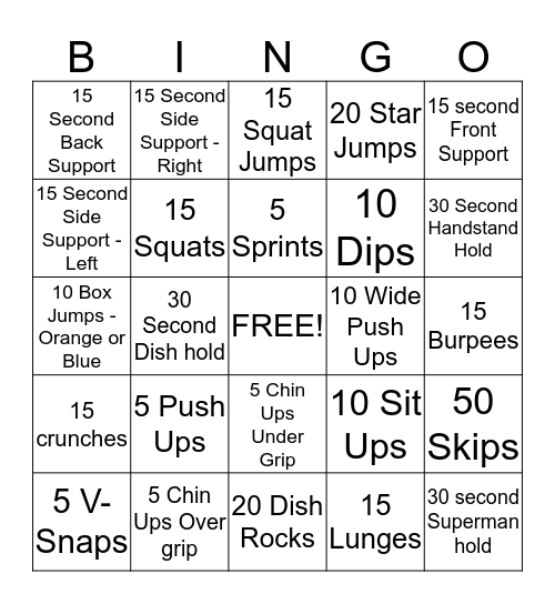 Gymnastics Strength Bingo Card