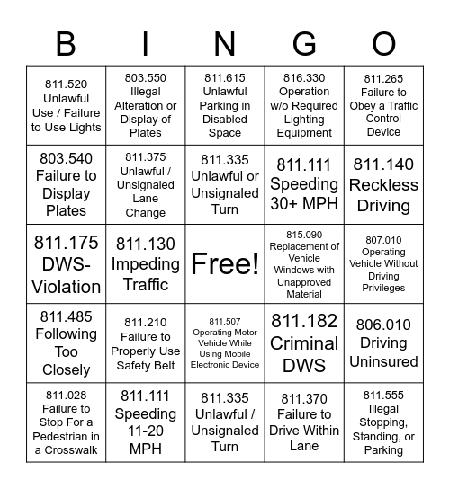 Traffic Bingo Card