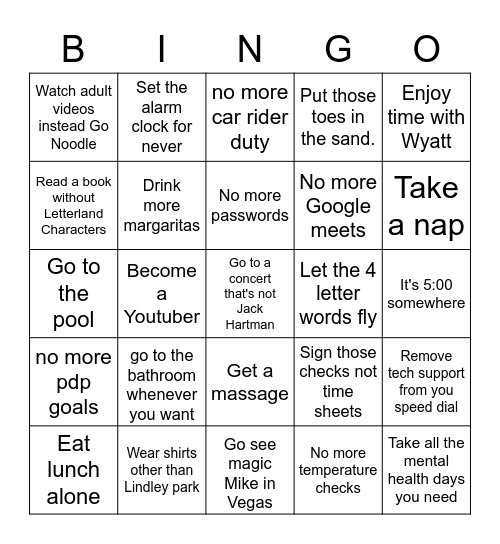 Tucker's Retirement Bingo Card