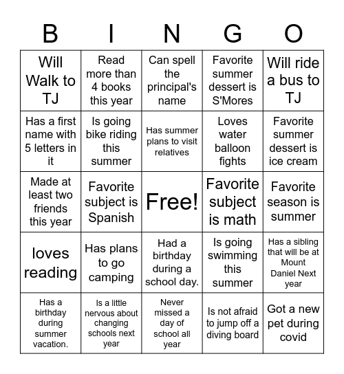 End of School Year Bingo Card