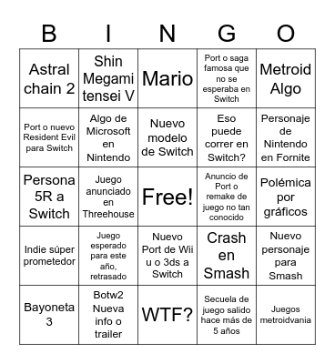 E3 Nintendo Bingo Card