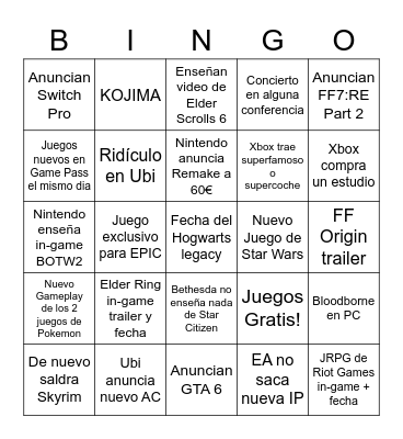 E3 Bingo Card