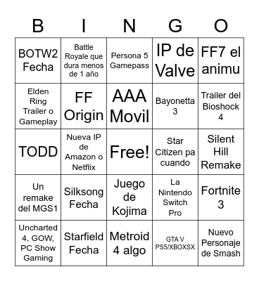 Apuestas de E3 hecho por MisterJESA. Bingo Card